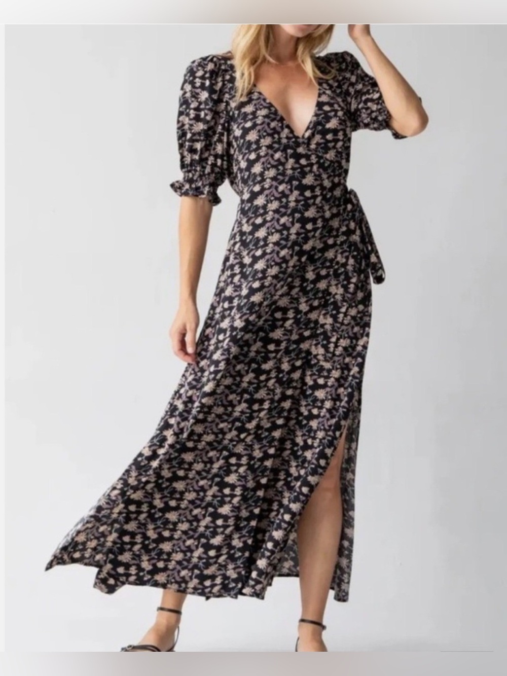 NATURAL LIFE Black Maxi Wrap Dress with Blush Floral Print
